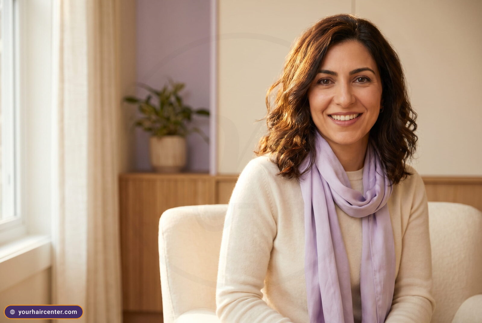امرأة عربية في أواخر الثلاثينيات بشعر بني مموج إلى الكتفين وكنزة كريمية وشال لافندر ناعم، تبتسم بثقة وسط ضوء نهاري دافئ في فضاء كريمي هادئ