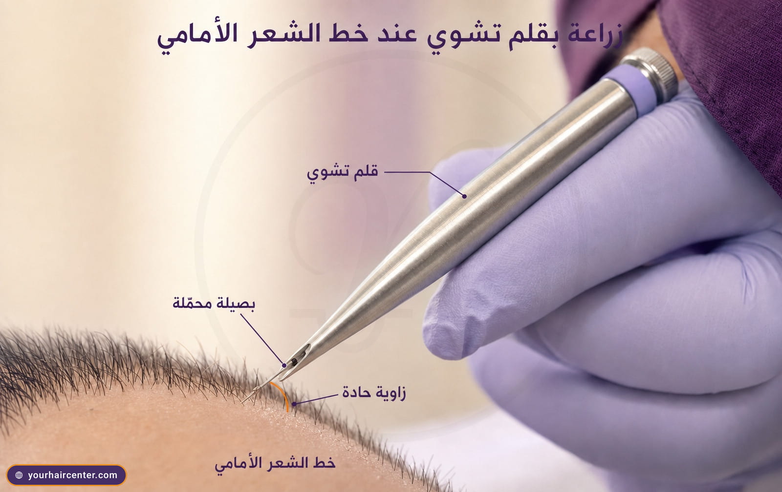 قلم تشوي بحجم ماكرو يحمل بصيلة شعرية ويزرعها عند خط الشعر الأمامي بزاوية حادة بقفاز أرجواني