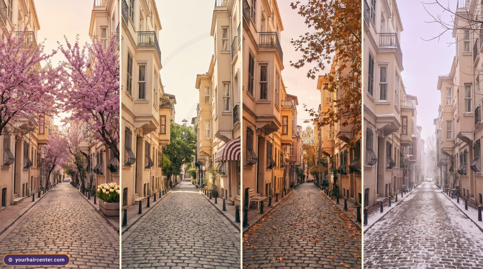 شارع اسطنبولي حجري واحد بأربعة فصول، أزهار الربيع وخضرة الصيف وأوراق الخريف الذهبية وثلج يناير الخفيف