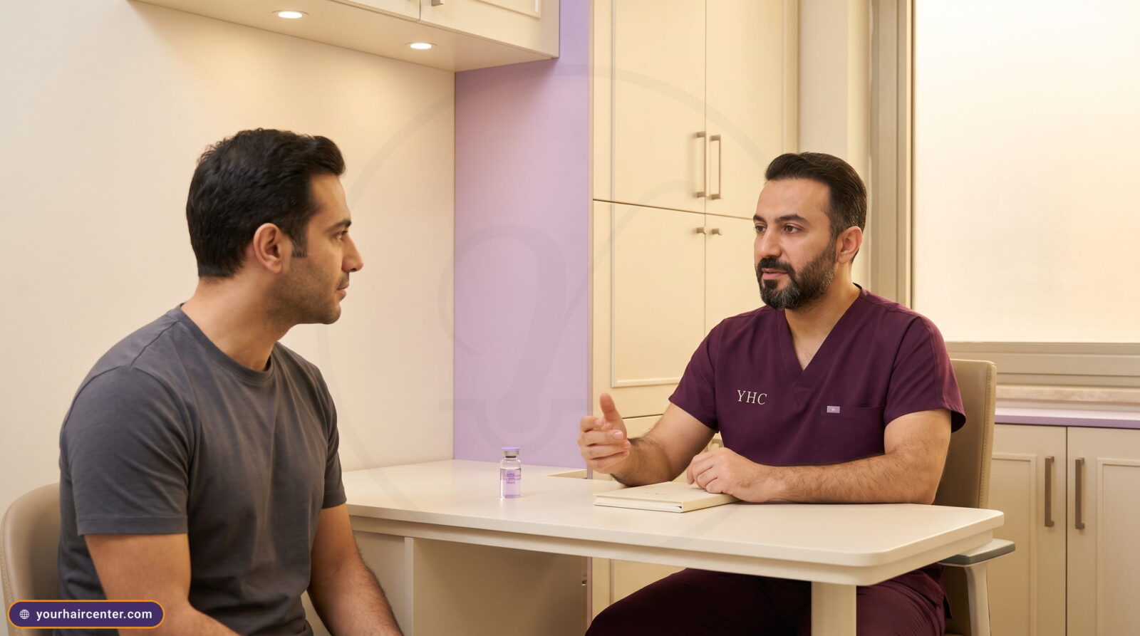 طبيب عربي ملتح بسكرابز بلون البرقوق وشعار YHC على الصدر يشرح لمريض بقميص رمادي مفاصل باقة علاج اكسوزوم على طاولة كريمية مع قارورة ليلكية ودفتر