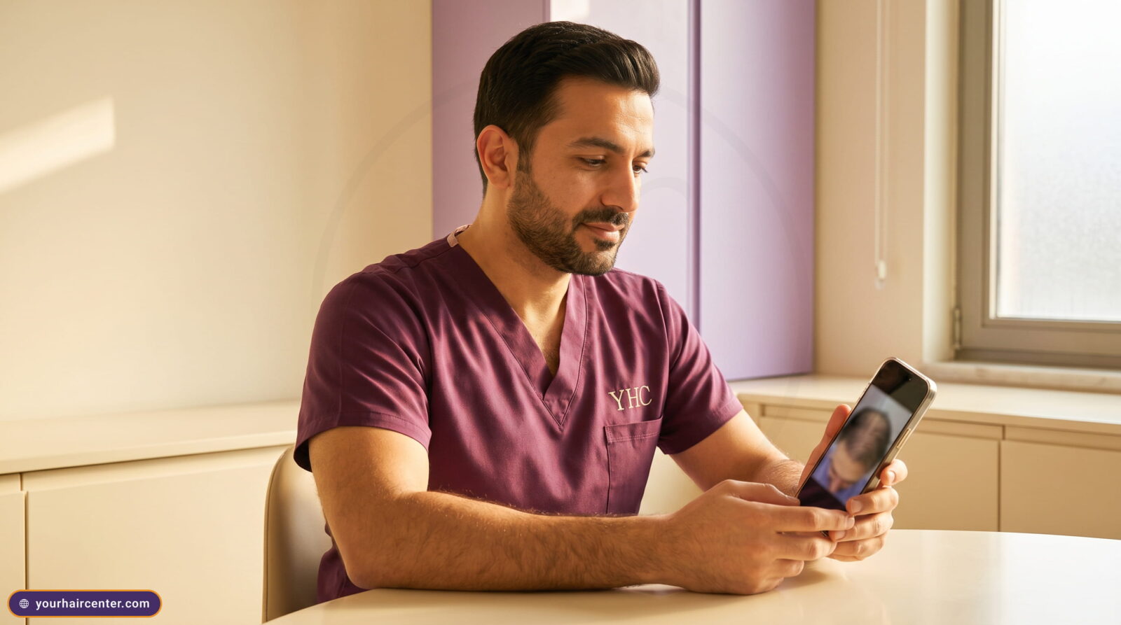 طبيب ثلاثيني بسكراب بنفسجي بشعار YHC على الصدر يجلس بهدوء أمام مكتب كريمي ويراجع صورة فروة رأس على شاشة هاتف ذكي بجانب جدار لافندر