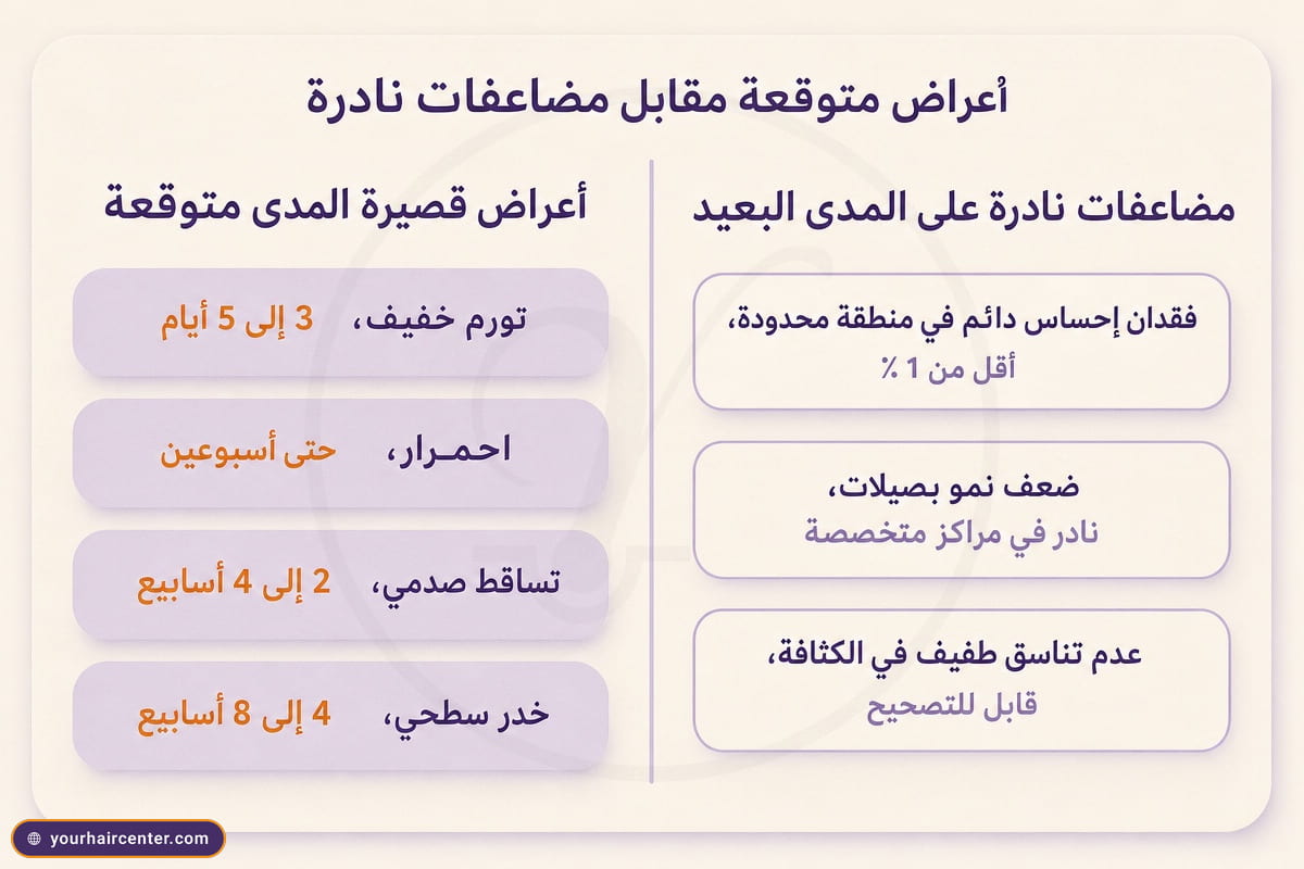 جدول مرئي يفصل أعراض زراعة الشعر القصيرة المدى المتوقعة عن المضاعفات النادرة على المدى البعيد ونسبها لدى النساء