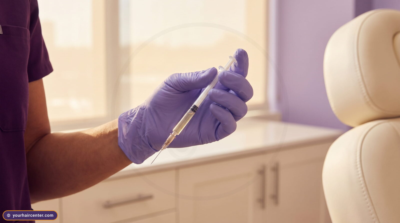 يد بقفاز ليلكي وكم زي عنابي تمسك حقنة ميزوثيرابي دقيقة 30G أمام نافذة بإضاءة دافئة في غرفة عيادة كريمية