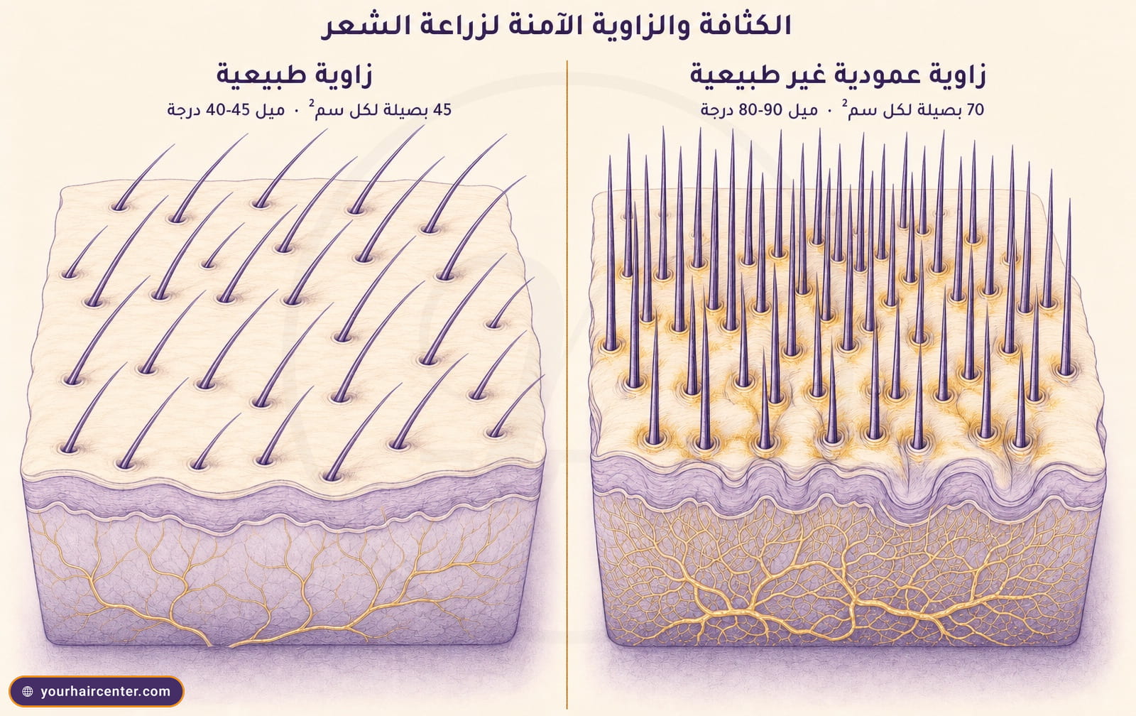 مقارنة كثافة زراعة الشعر بين 45 بصيلة بزاوية طبيعية و70 بصيلة بزاوية عمودية على نسيج فروة الرأس