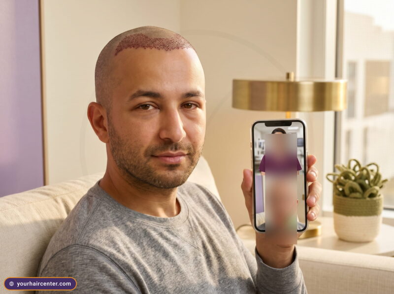مريض شرق أوسطي في اليوم الثالث بعد العملية يجلس على أريكة كريمية ويمسك هاتفًا فيه مكالمة فيديو مع طبيبته بسكراب بنفسجي بجانب مصباح ذهبي ونبتة خضراء