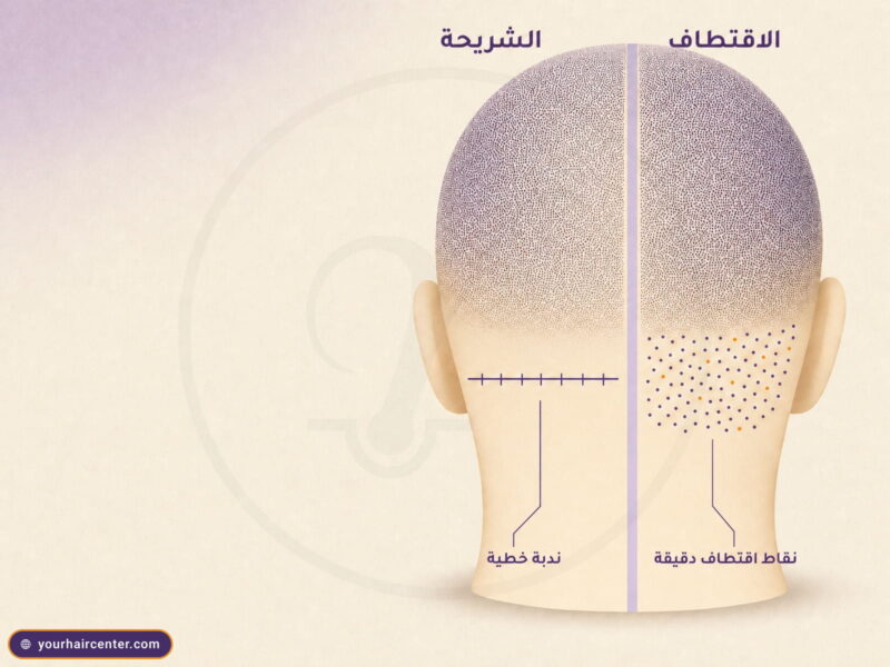 مقارنة تخطيطية لمؤخرة الرأس توضح الفرق بين FUE والشريحة، ندبة خطية على يسار الجمجمة ونقاط اقتطاف دقيقة على اليمين