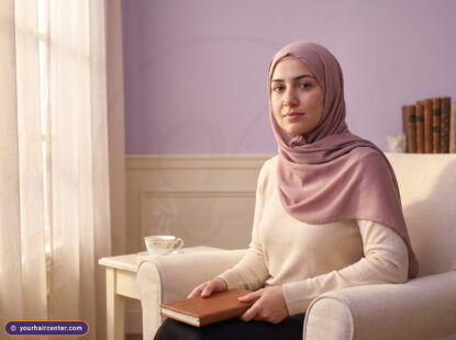 امرأة عربية بحجاب وردي تجلس بهدوء بجانب نافذة مضاءة بإضاءة دافئة في ركن قراءة بألوان كريم ولافندر تحمل دفتراً جلدياً