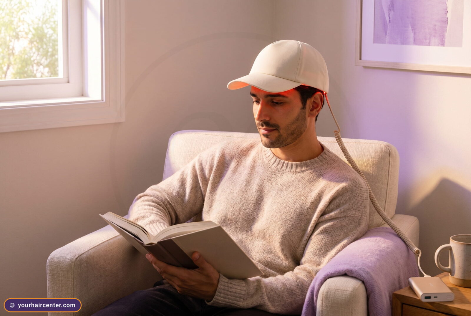 رجل في الثلاثينات يجلس في كرسي كريمي يرتدي قبعة ليزر منزلية ويقرأ كتابا بإضاءة صباحية دافئة