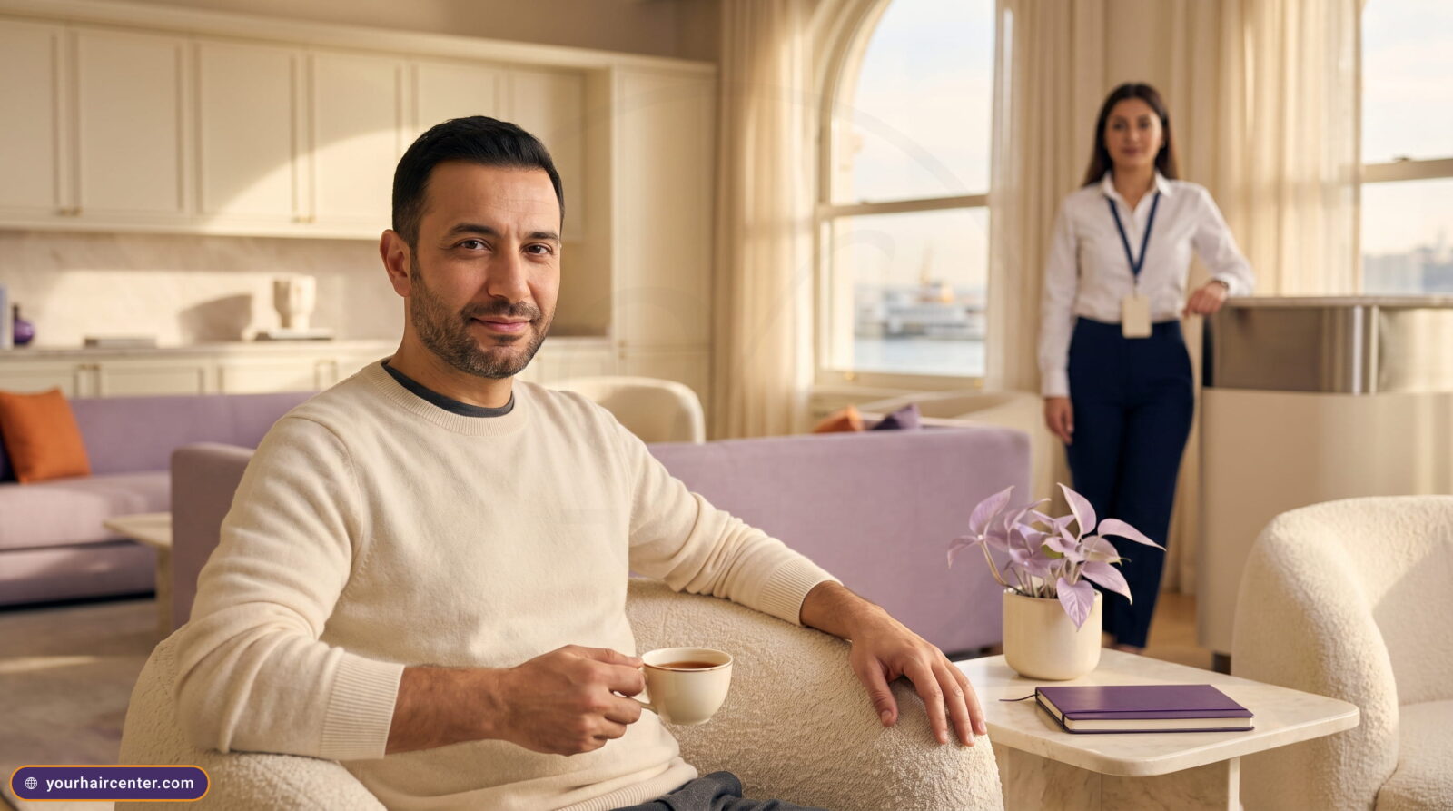 ضيف عربي يستريح في صالة فندقية أنيقة في اسطنبول مع كوب شاي ومنسقة استقبال بزي مدني في الخلفية