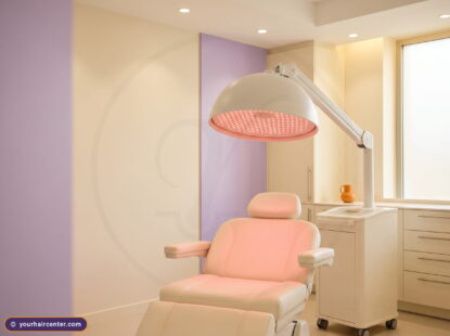 قبة الليزر بعد زراعة الشعر بضوء أحمر دافئ معلقة فوق كرسي علاج كريمي داخل غرفة يور هير بجدار لافندر