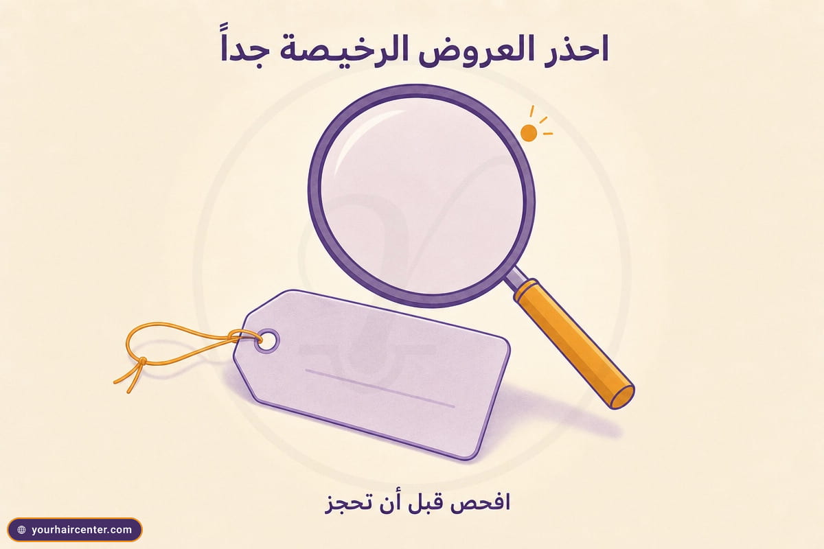 عدسة مكبرة بنفسجية فوق بطاقة سعر فارغة، رمز هادئ للحذر من العروض الرخيصة جدًا قبل حجز رحلة زراعة الشعر في تركيا