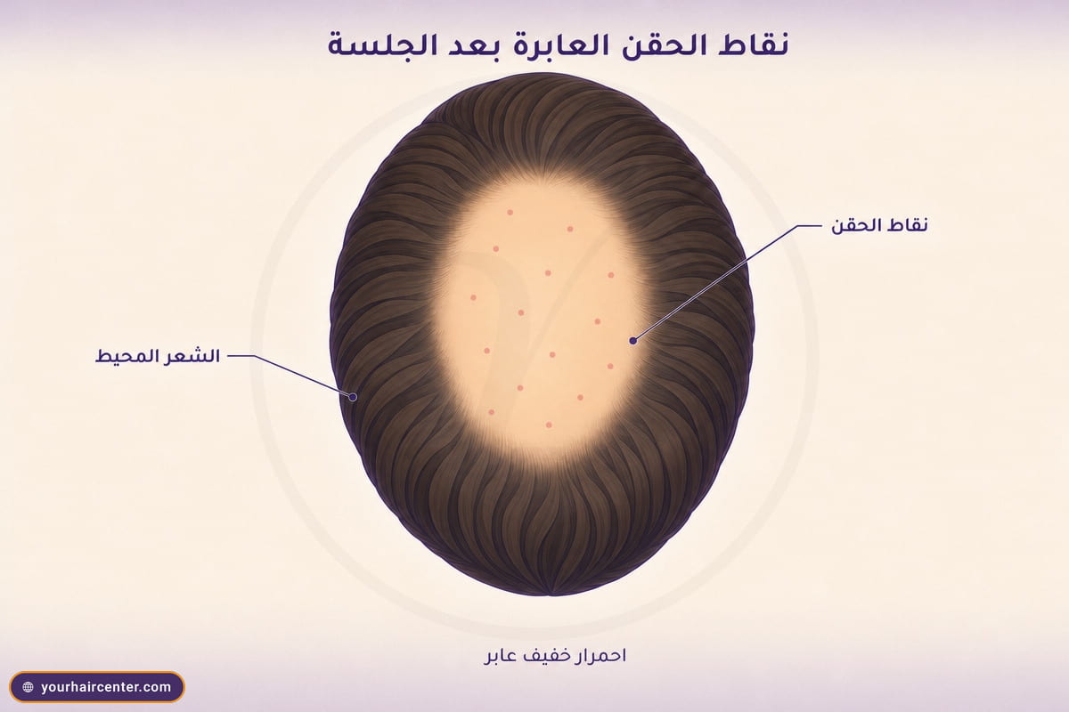 رسم علوي مسطح لفروة رأس بشعر بني داكن كثيف مع منطقة مفروقة في القمة تظهر فيها نقاط حقن وردية خفيفة بعد جلسة ميزوثيرابي