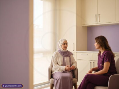 مريضة بحجاب لافندر تجلس في استشارة هادئة مع طبيبة YHC بزي أرجواني، أجواء طمأنينة قبل تقييم أضرار زراعة الشعر للنساء
