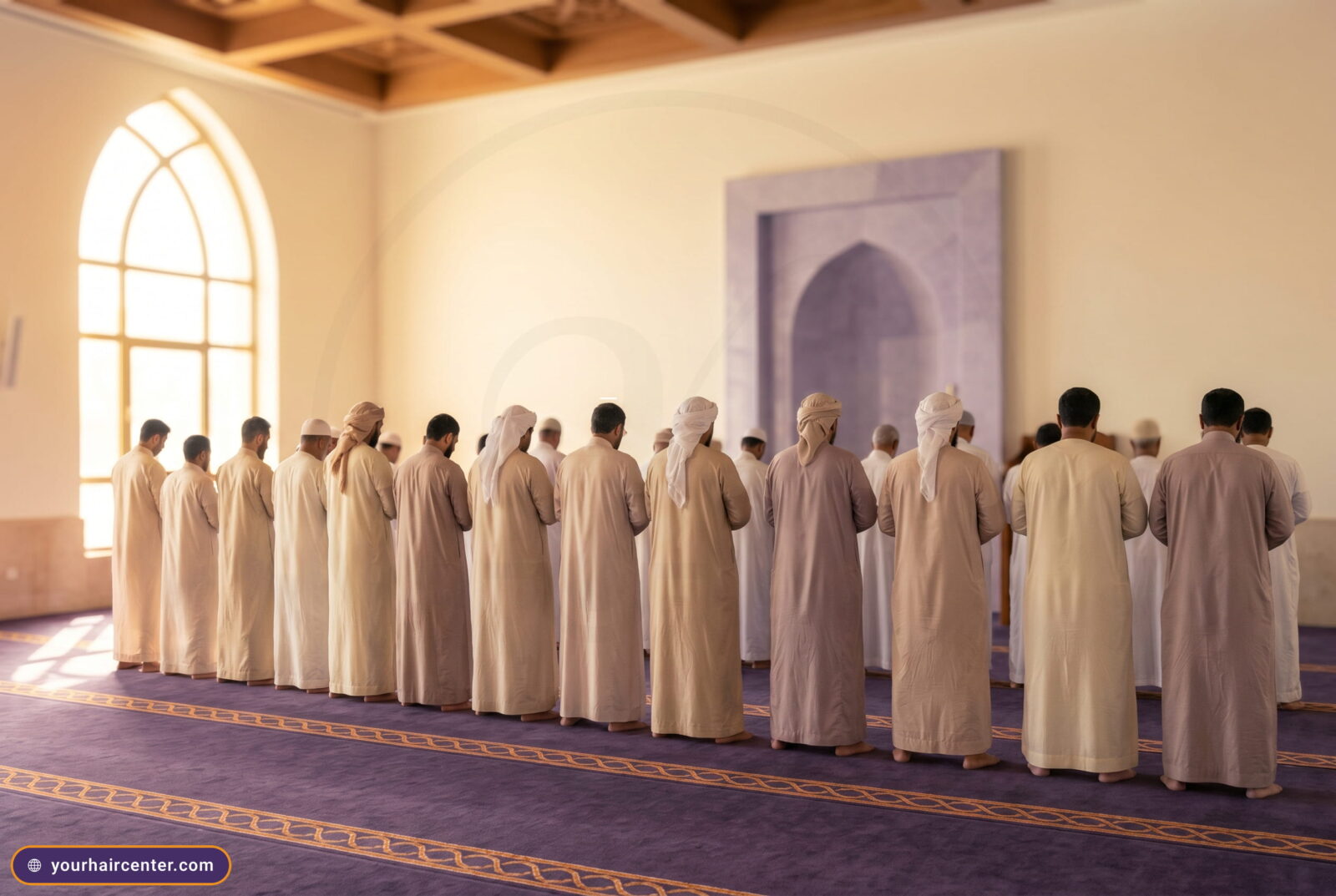 صف من رجال يصلون جماعة في قاعة مسجد هادئة بأثواب كريمية وأغطية رأس بيضاء، سجادة أرجوانية بحافة برتقالية وضوء نهاري دافئ من نافذة مقوسة جانبية
