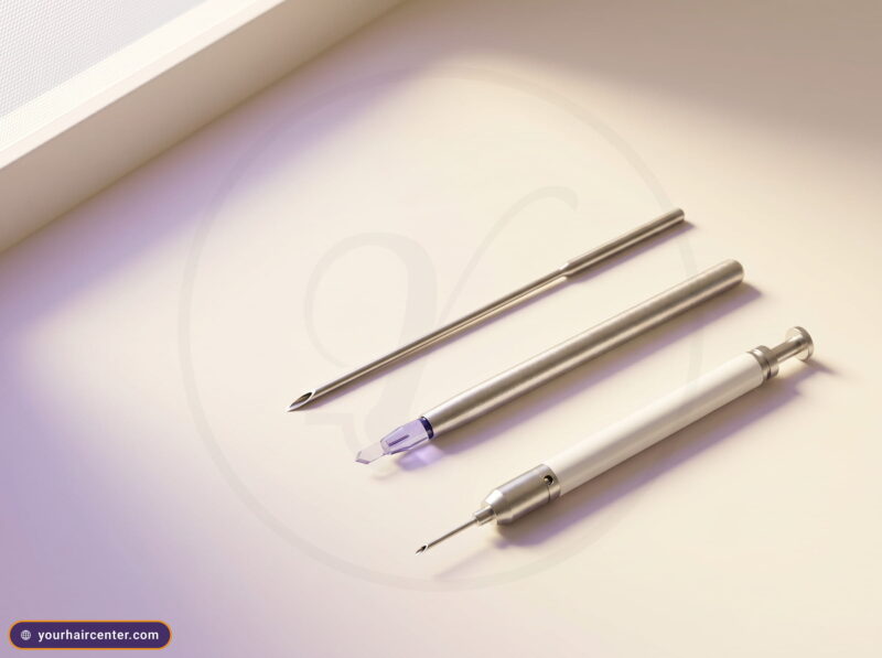 ثلاث أدوات زراعة شعر مرتبة على سطح كريمي، إبرة البيركوتان الأسطوانية، شفرة السفير الياقوتية، وقلم تشوي الأبيض الفضي