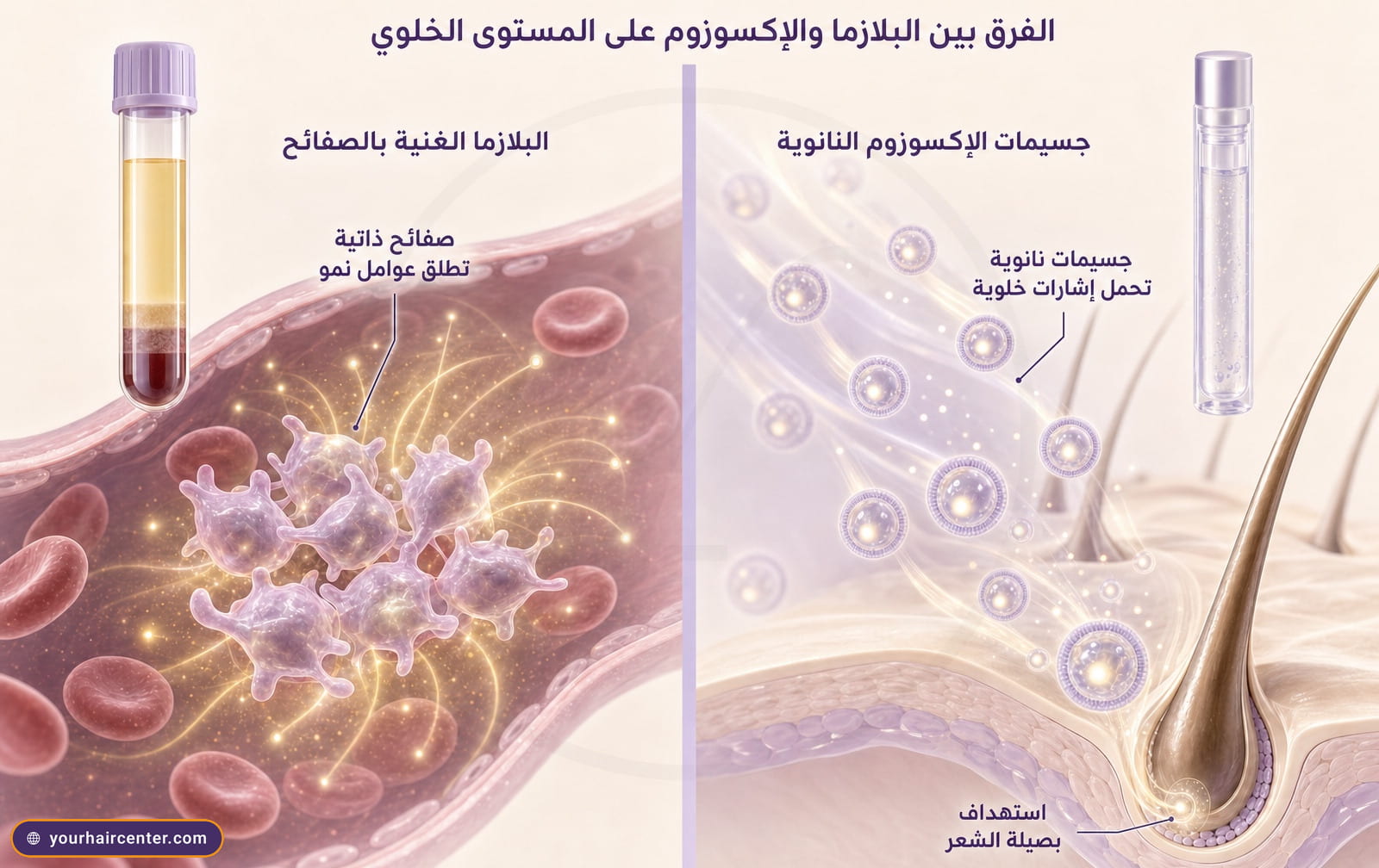 رسم علمي مزدوج، يسارا صفائح بلازما داخل وعاء دموي تطلق عوامل نمو ذهبية، يمينا جسيمات اكسوزوم نانوية ليلكية تتجه نحو بصيلة شعر، بعناوين عربية