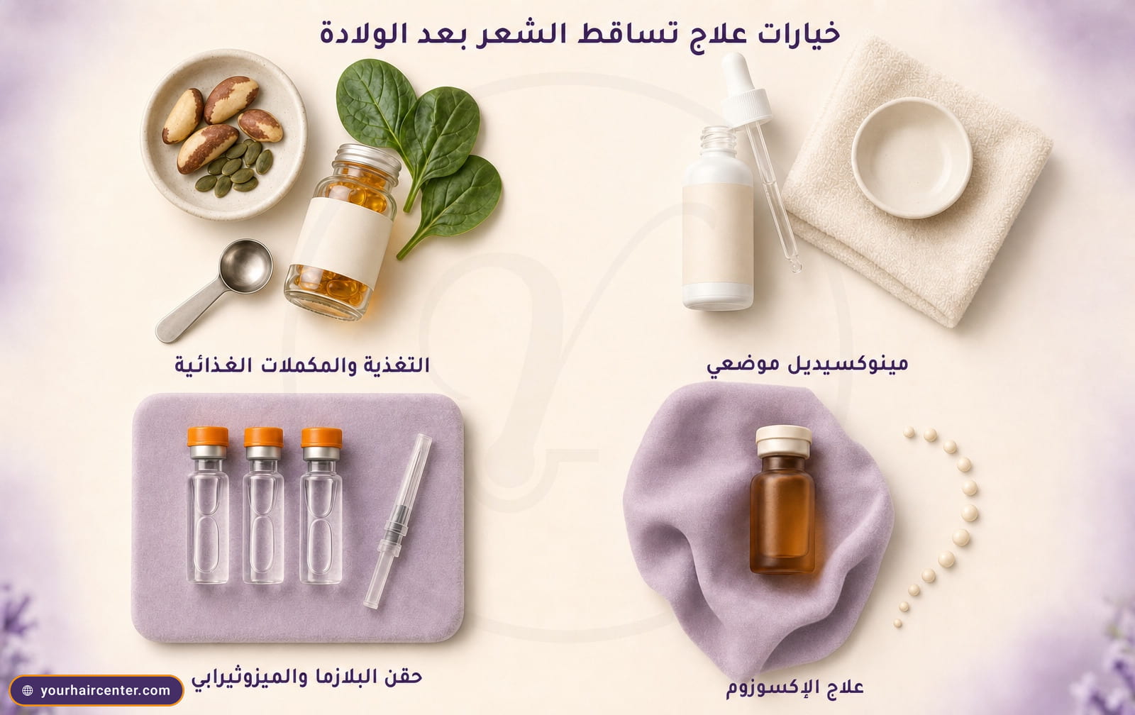 شبكة بأربع خانات لخيارات علاج تساقط الشعر بعد الولادة، التغذية والمكملات، مينوكسيديل موضعي، حقن البلازما والميزوثيرابي، علاج الإكسوزوم