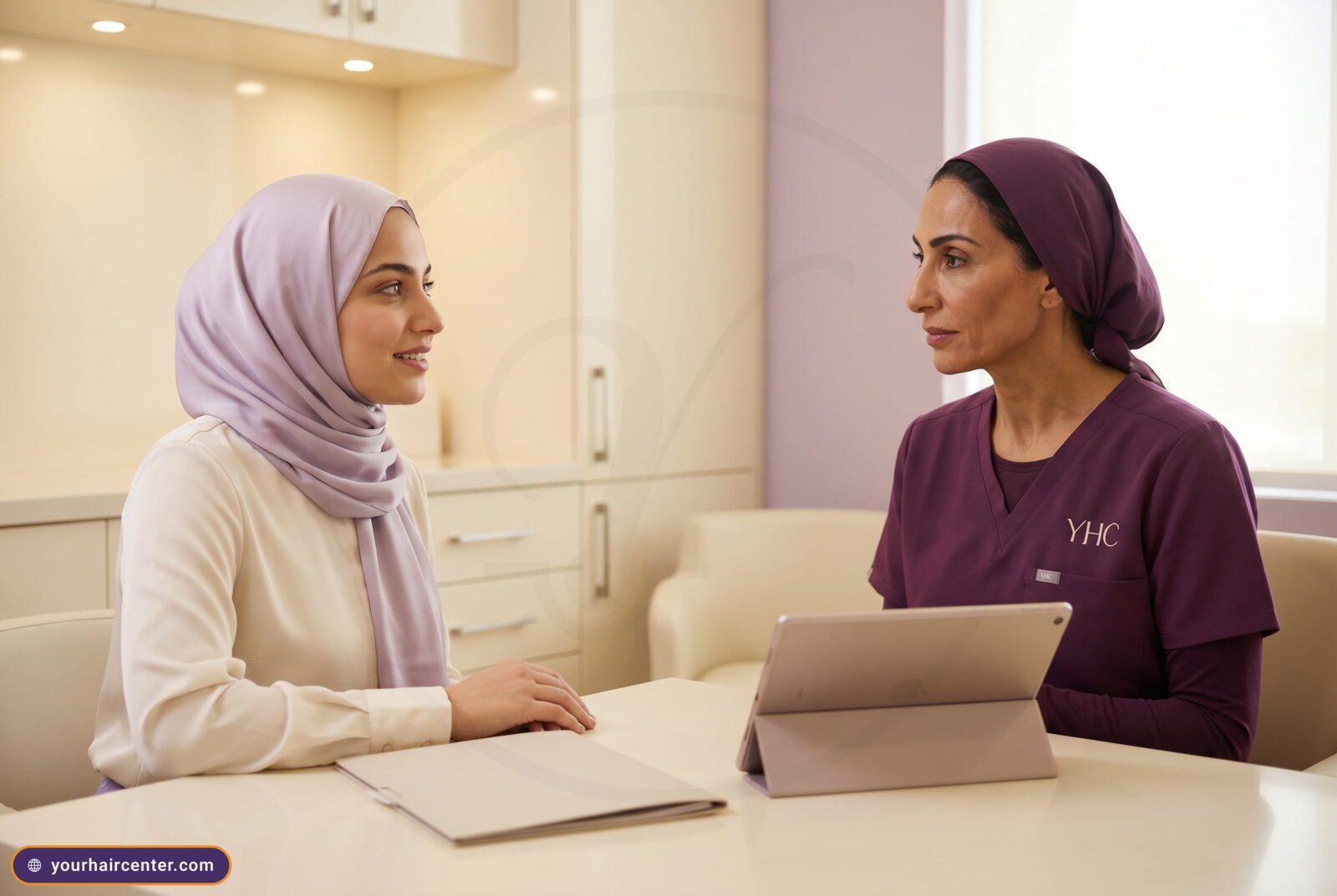 استشارة نسائية خاصة لزراعة الشعر، طبيبة YHC بزي أرجواني وغطاء رأس بنفس اللون تتحدث مع مريضة بحجاب لافندر حول طاولة بيضاء