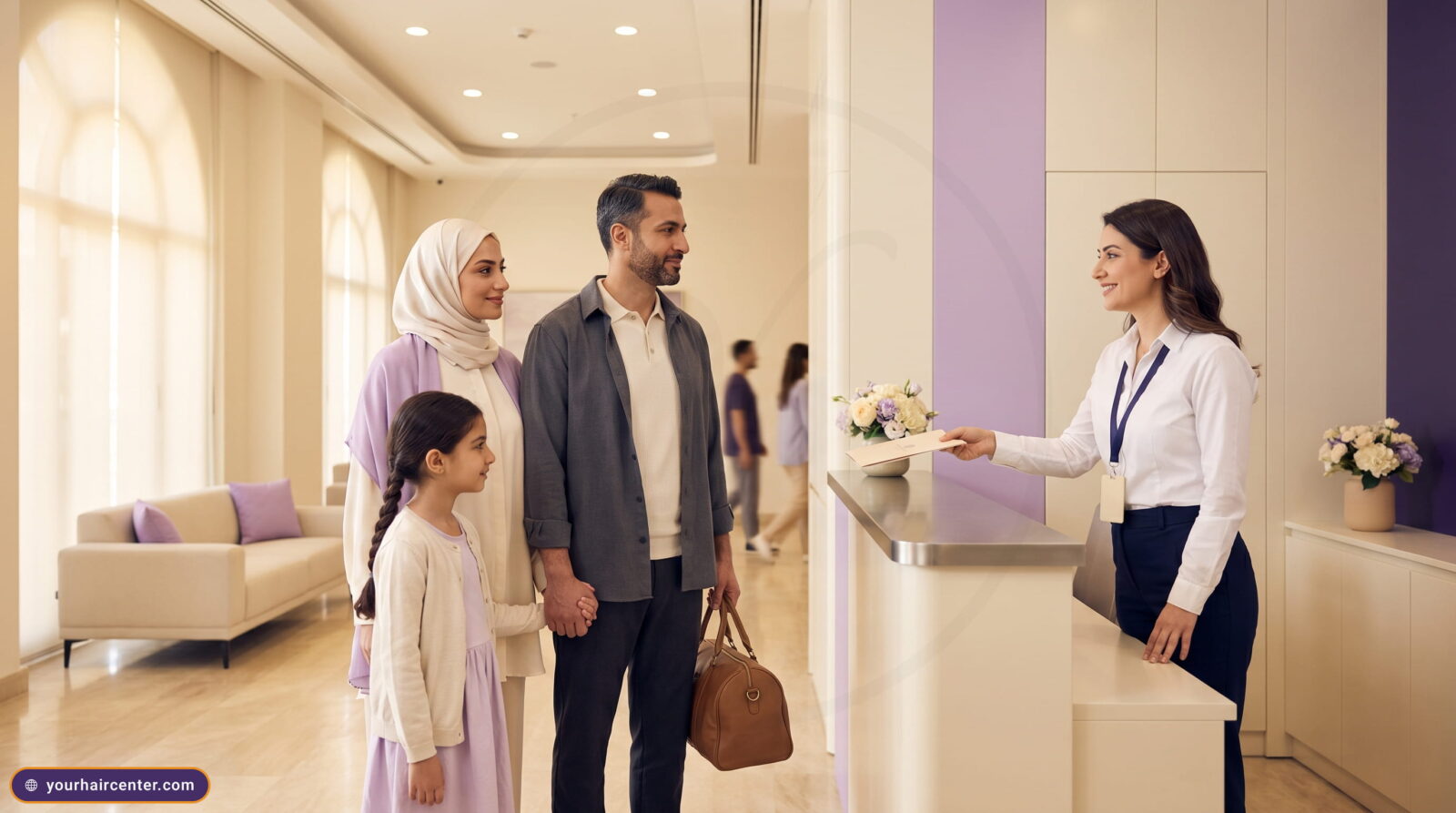 ردهة مستشفى تركي حديث بواجهة كريمية ولافندر تستقبل عائلة عربية بأم وأب وطفلة ومنسقة استقبال