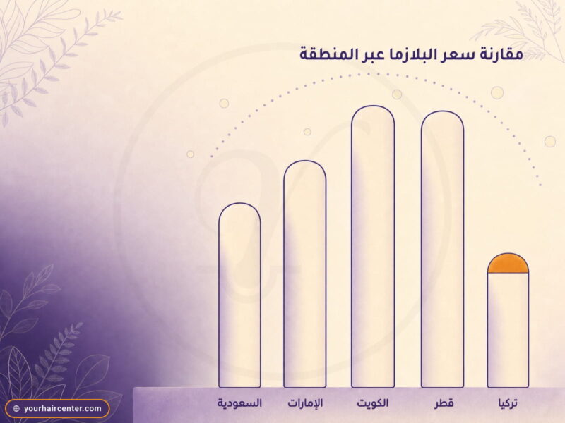 مخطط أعمدة كريمي يقارن سعر البلازما بين السعودية والإمارات والكويت وقطر وتركيا، عمود تركيا أقصر بقمة برتقالية تشير إلى أفضل قيمة