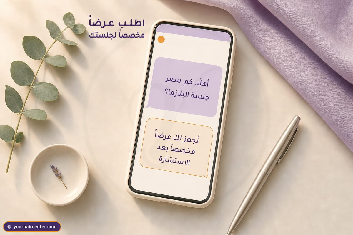 هاتف على سطح كريمي يعرض محادثة بفقاعتين، سؤال عن سعر جلسة البلازما ورد بإعداد عرض مخصص بعد الاستشارة