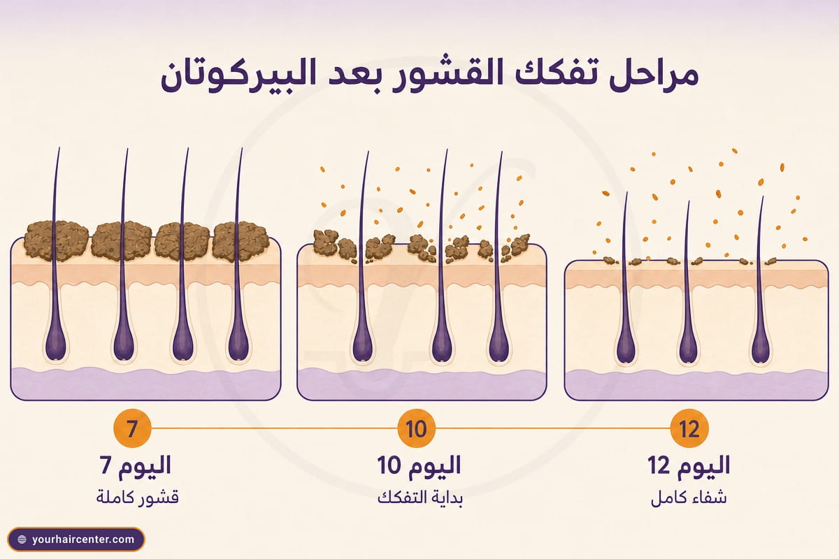 ثلاث مقاطع تشريحية لفروة الرأس تكشف تفكك القشور بعد البيركوتان من قشور كاملة في اليوم 7 إلى بقايا في اليوم 12