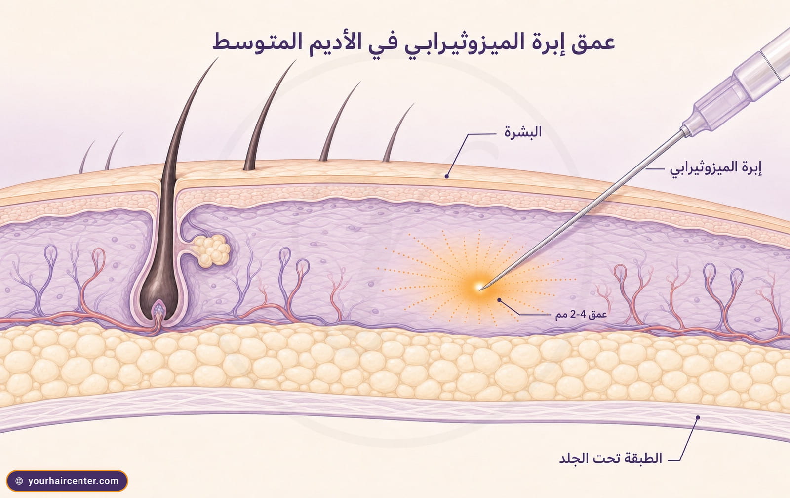 رسم تشريحي لمقطع فروة الرأس يوضح وصول إبرة الميزوثيرابي إلى الأديم المتوسط عند عمق 2 إلى 4 مليمتر فوق الطبقة تحت الجلد