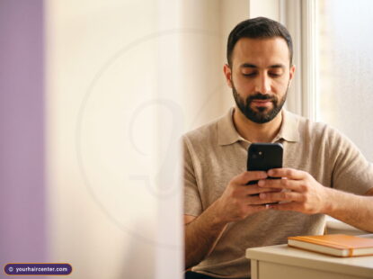 رجل عربي ملتح في الثلاثينيات بقميص بيج يقرأ على هاتفه بتعبير متأمل قرب نافذة بإضاءة دافئة هادئة