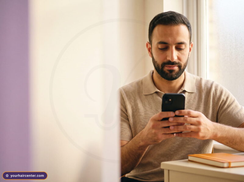 رجل عربي ملتح في الثلاثينيات بقميص بيج يقرأ على هاتفه بتعبير متأمل قرب نافذة بإضاءة دافئة هادئة