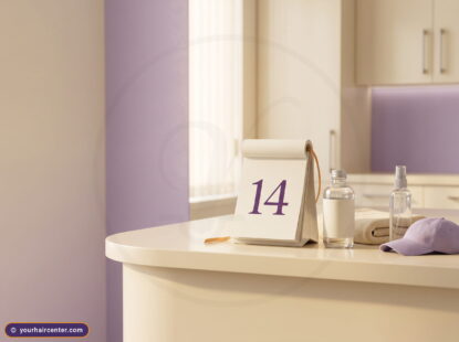 Day 14 calendar tile beside a 2 weeks after hair transplant aftercare kit on a cream clinic counter