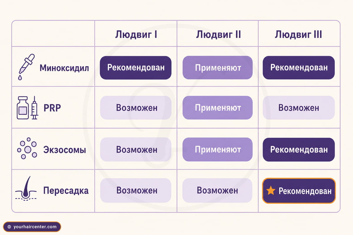 Матрица лечения по стадиям Людвига, миноксидил, PRP, экзосомы и пересадка волос