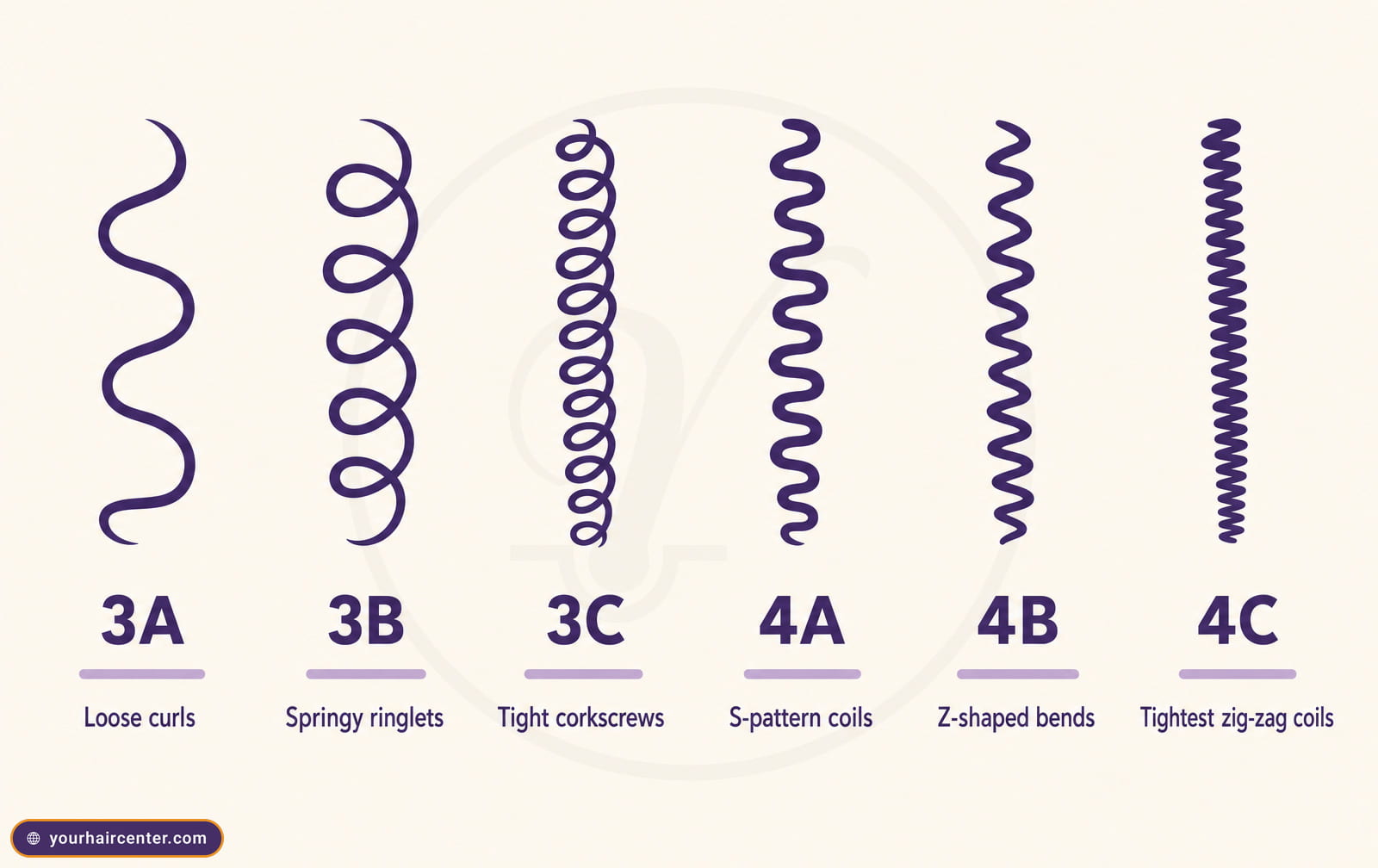 Andre Walker chart of six curl sub-types tightening from 3A loose curls to 4C tightest zig-zag coils for afro-textured hair