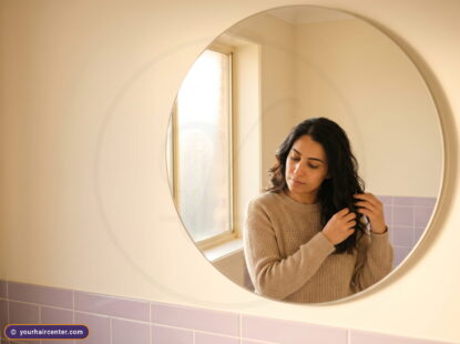 Woman in a cream knit sweater at a round bathroom mirror running fingers through her hair for a hair pull test self-check