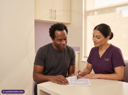 Black male patient and YHC coordinator reviewing a black male hair transplant cost estimate breakdown in a cream clinic