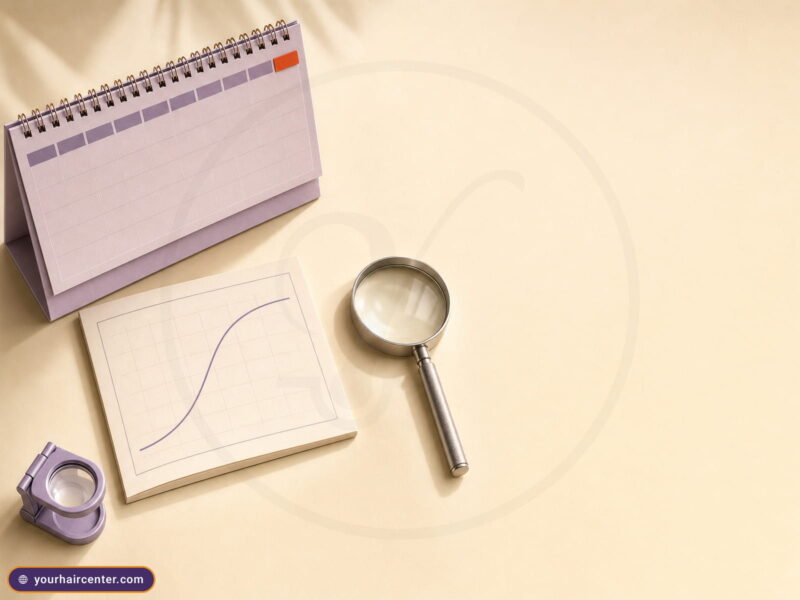 Hair transplant 6 months vs 1 year timeline flat lay with a lavender calendar, S-curve growth chart, and magnifier