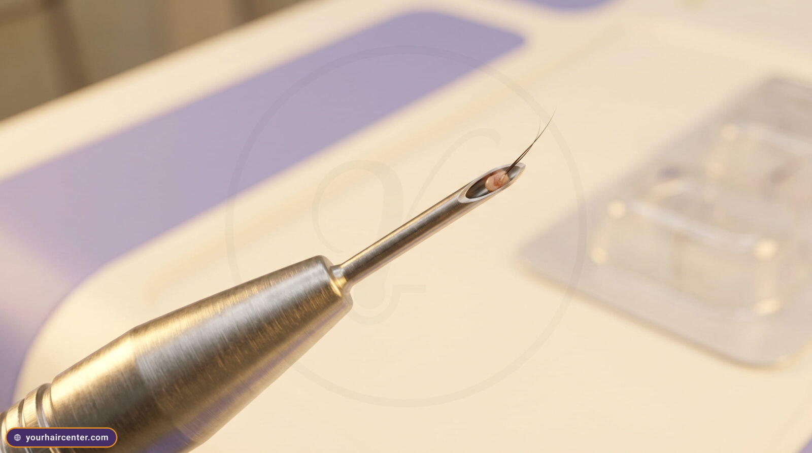 Macro of a Choi implanter pen hollow tip holding one follicular unit graft with two fine hairs, ready for DHI placement