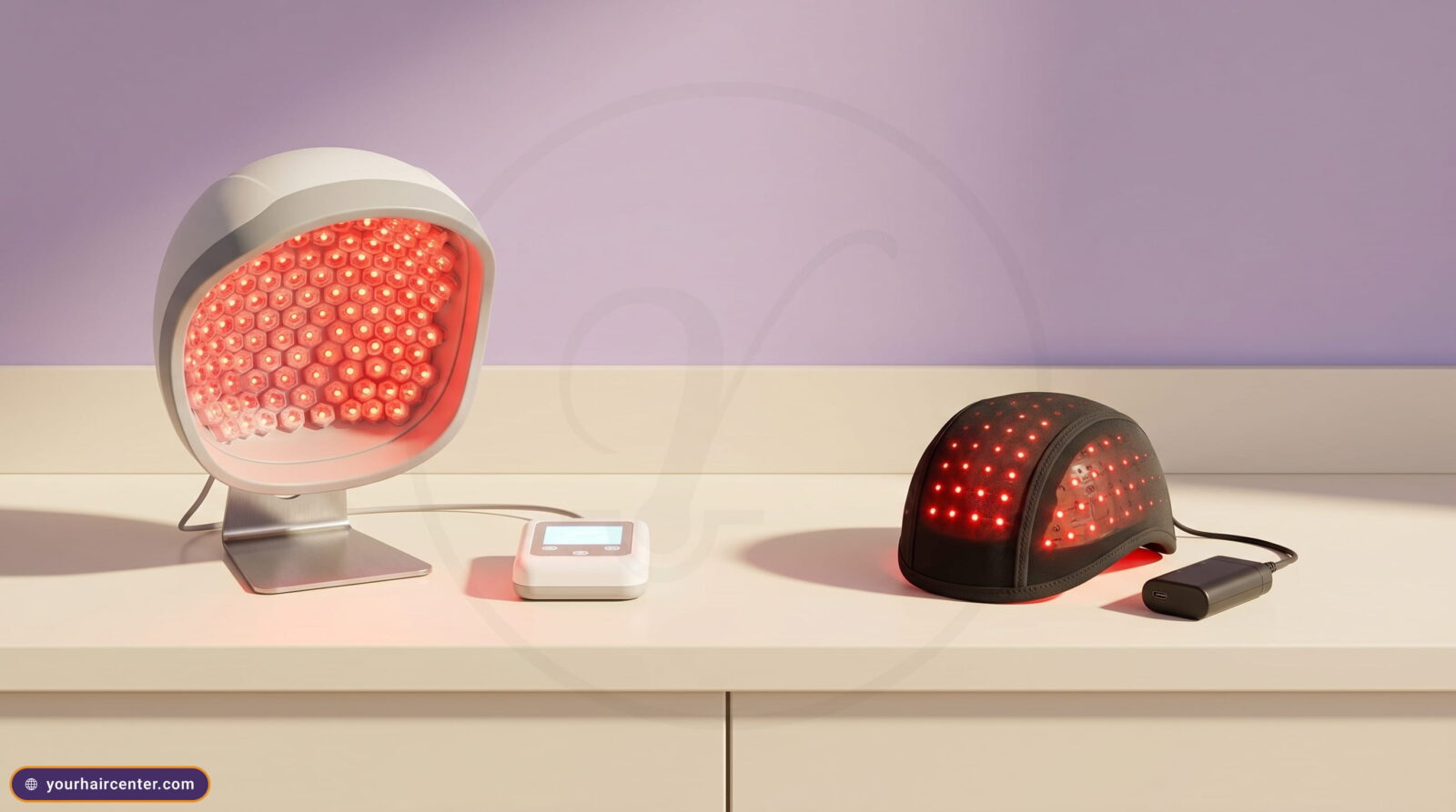 Rigid laser helmet with a dense diode array beside a smaller soft laser cap on one countertop