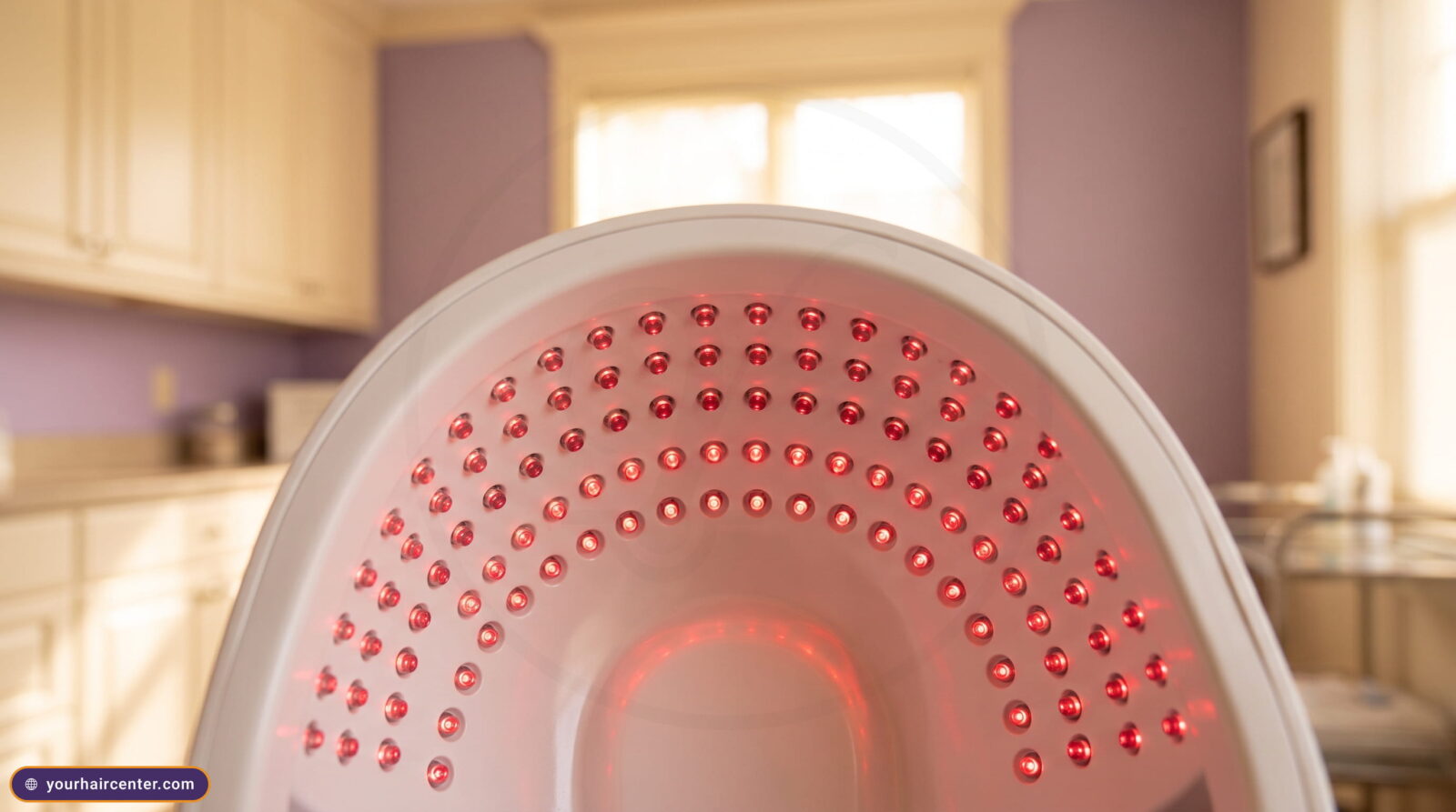 Close-up inside a laser helmet dome showing concentric arcs of glowing 650nm red diodes against a white shell