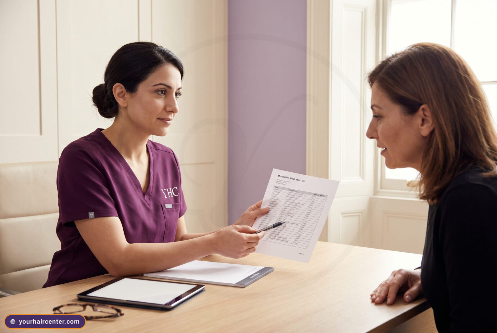 Your Hair Center clinician reviews a medication list with a patient during pre-laser screening for contraindications