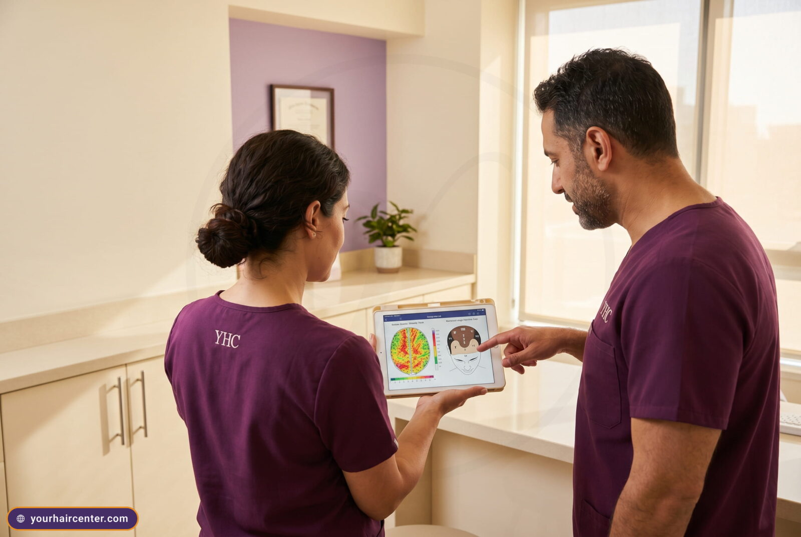 Two Your Hair Center clinicians in plum YHC scrubs reviewing a scalp-density chart and hairline map on a tablet