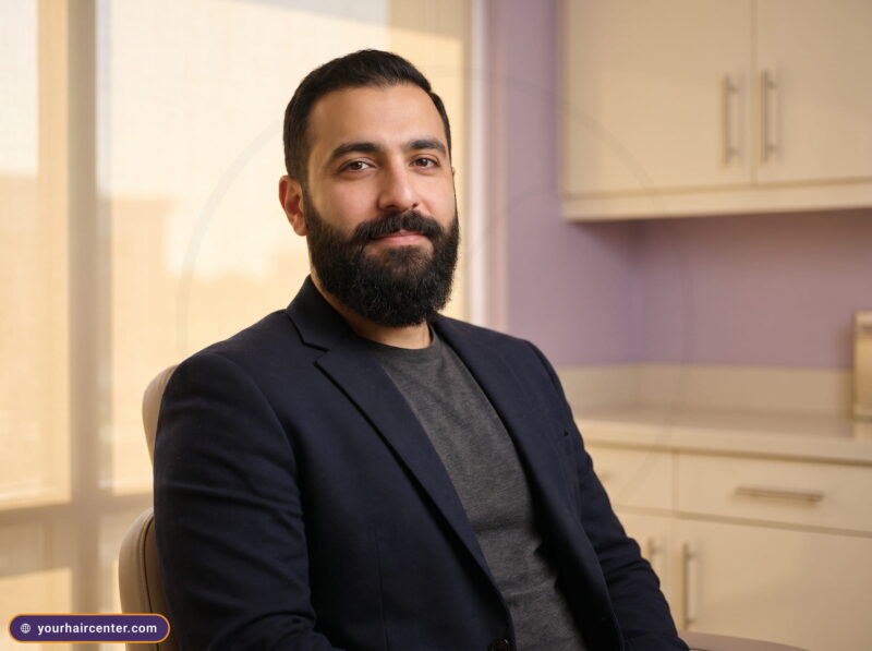 Bearded man in navy blazer relaxed in a cream and lavender clinic, the beard transplant recovery time final result