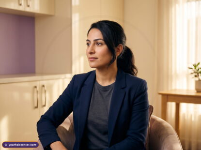 Woman in navy blazer seated in a warm cream-and-lavender clinic, calmly weighing hairline lowering surgery options