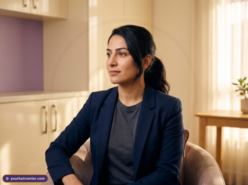 Woman in navy blazer seated in a warm cream-and-lavender clinic, calmly weighing hairline lowering surgery options