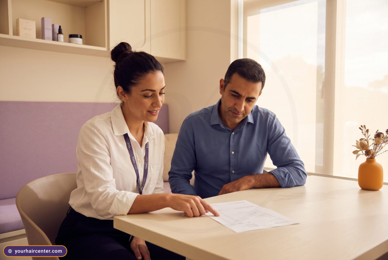 Patient coordinator and patient reviewing an itemized hair transplant quote together at a warm consultation table