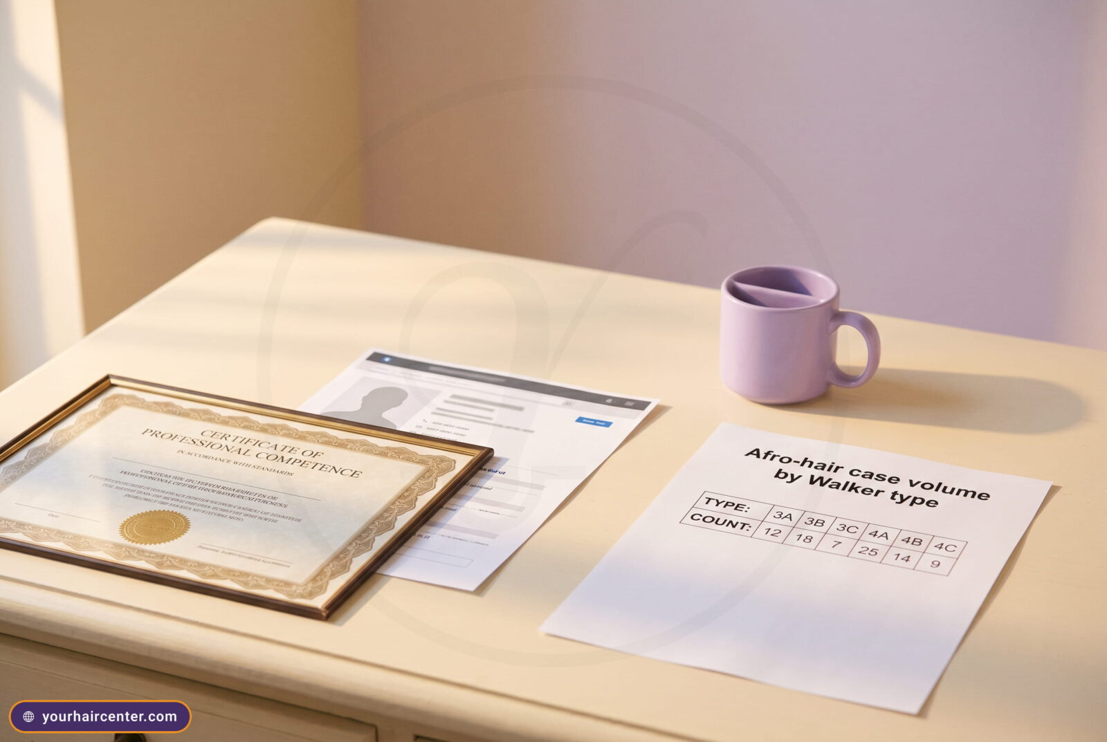 Desk still life of a framed competence certificate, a directory printout, and an afro-hair case-volume sheet by Walker type