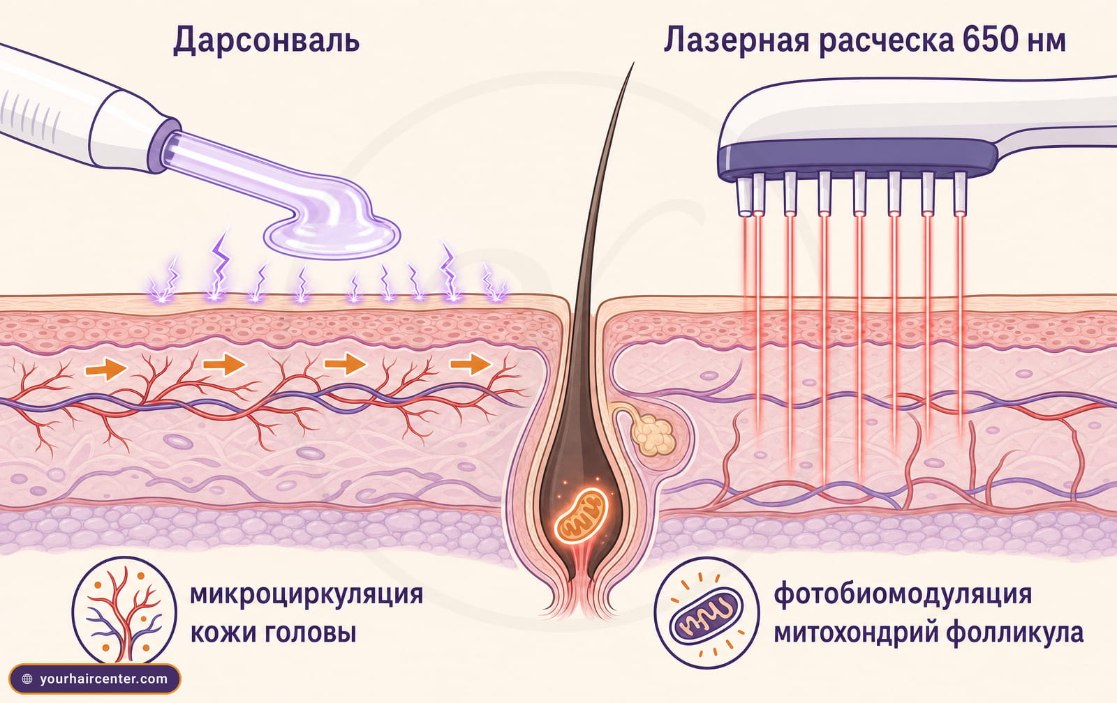 Схема механизмов, разряд дарсонваля у поверхности кожи и лучи 650 нм лазерной расчёски к фолликулу