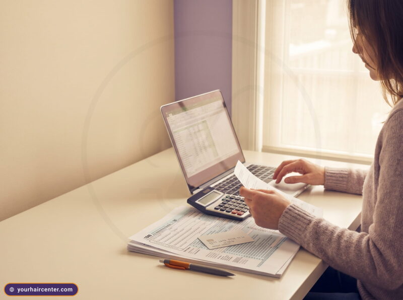 Does insurance cover hair transplant budgeting at a tidy desk with a tax form, calculator, card, and laptop spreadsheet