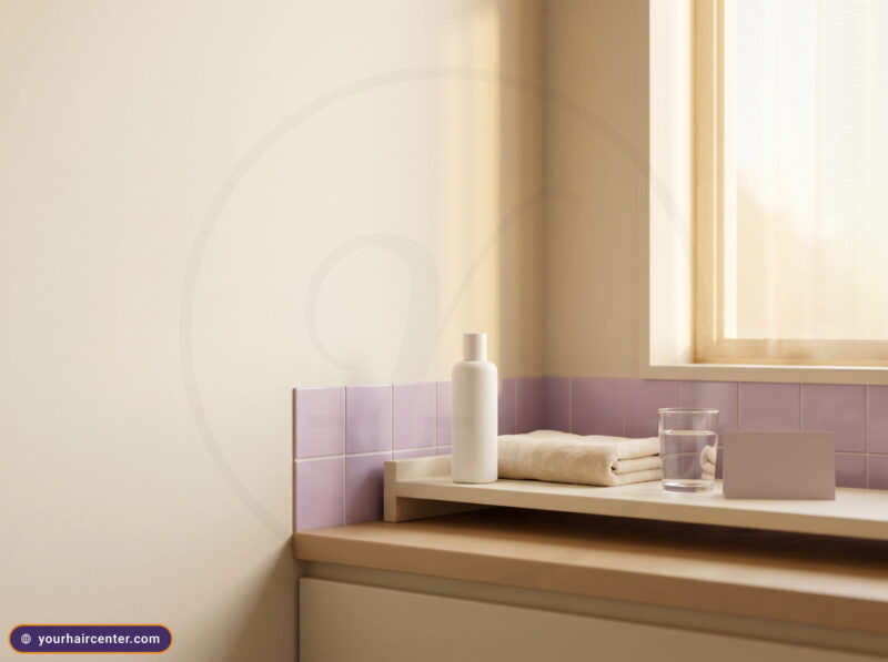 Calm morning bathroom shelf with medical shampoo and towel, a reassuring DHI hair transplant day by day recovery at home