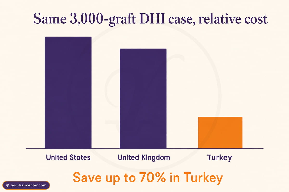 Bar chart comparing relative DHI hair transplant Turkey cost against the US and UK for a 3,000-graft case