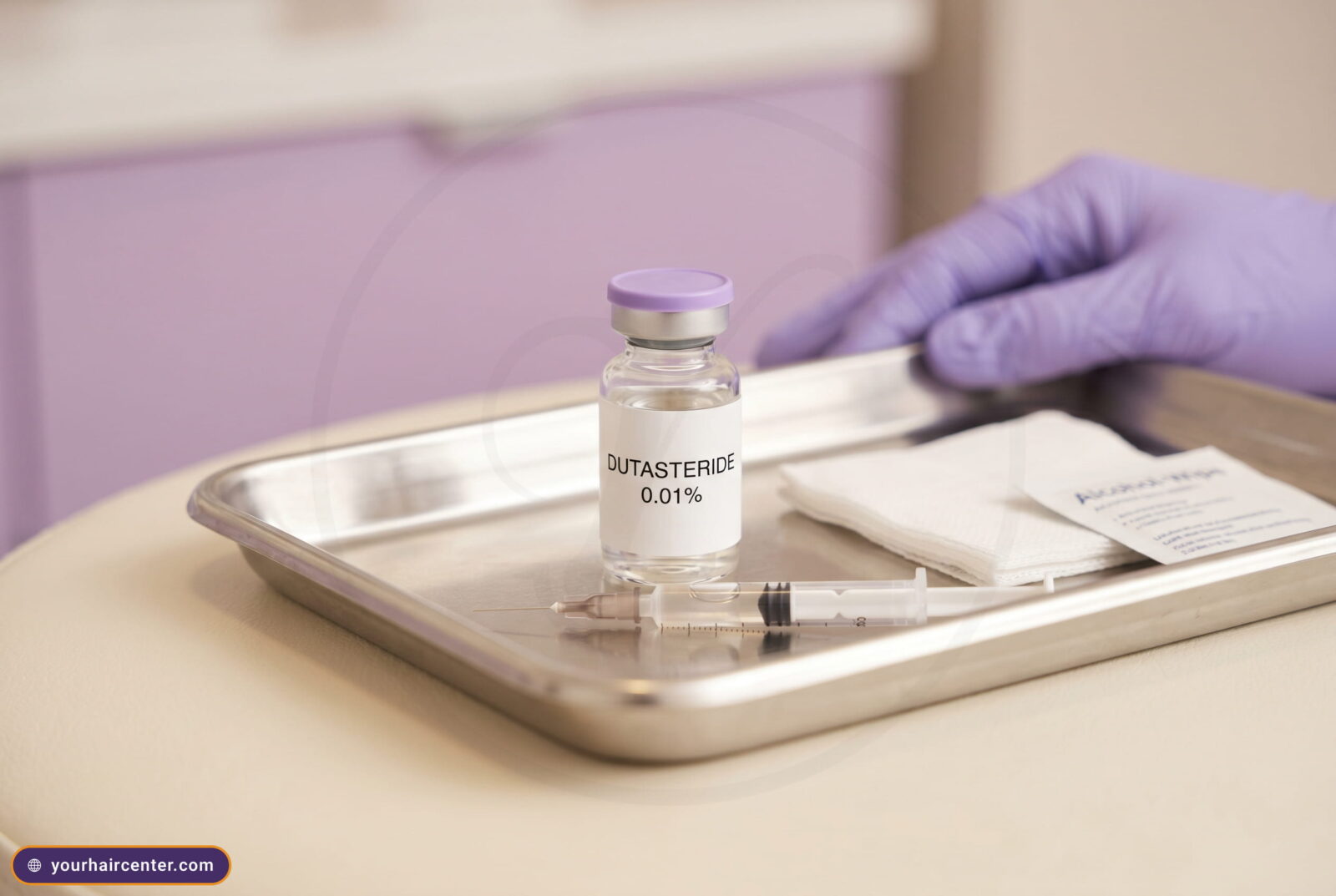 Glass vial labeled DUTASTERIDE 0.01% with a fine syringe, gauze and alcohol wipe on a sterile steel tray